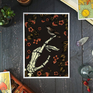 Skeleton Hand and Sparrow - Giclée Art Print - Print is Dead