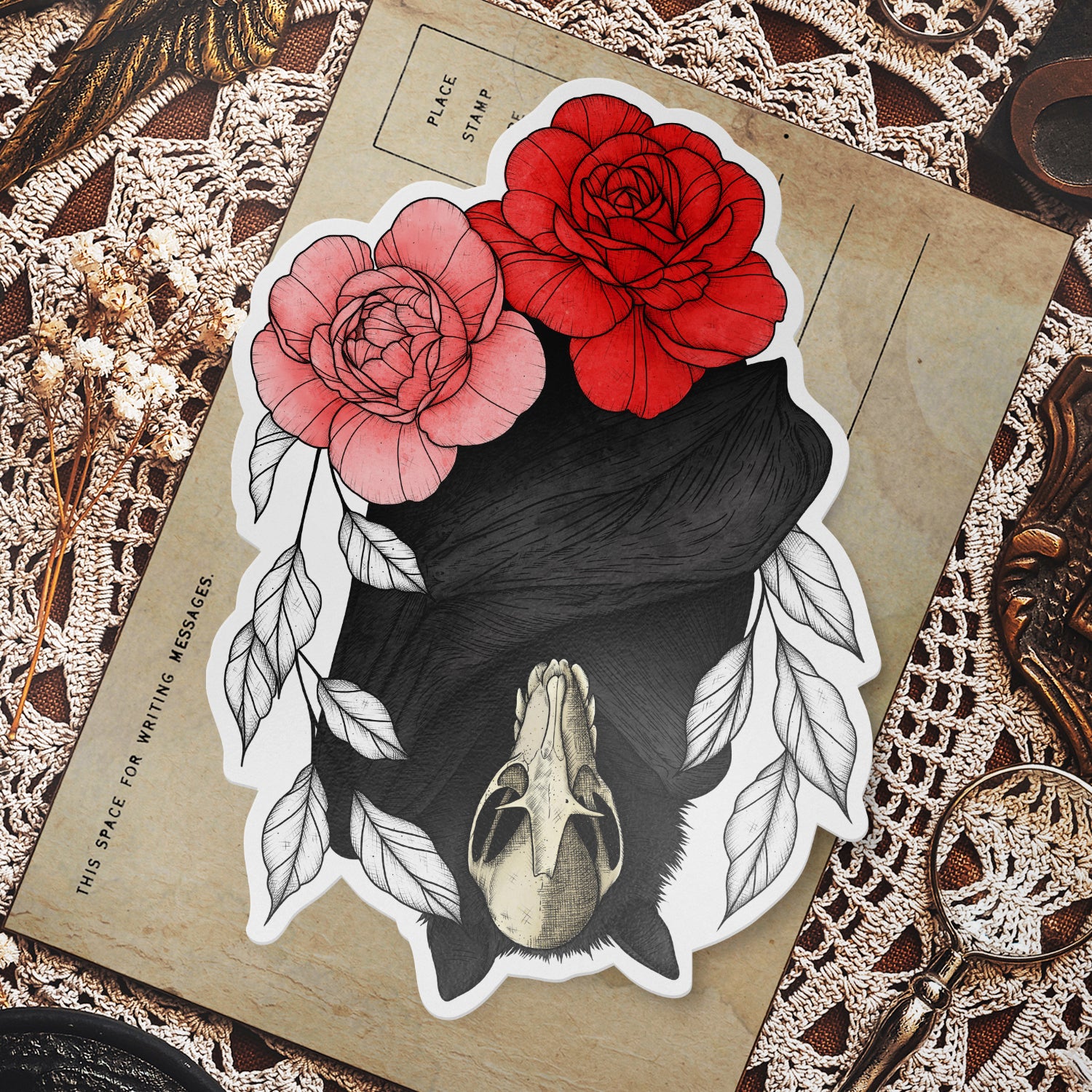 Bat and Peonies - Vinyl Sticker