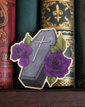 Coffin and Roses - Wooden Pin Badge