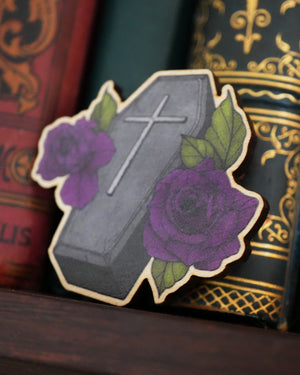 Coffin and Roses - Wooden Pin Badge