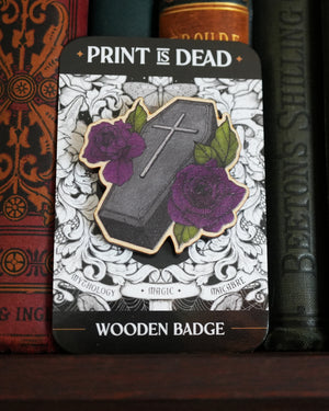 Coffin and Roses - Wooden Pin Badge