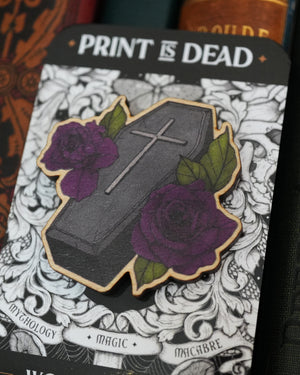 Coffin and Roses - Wooden Pin Badge