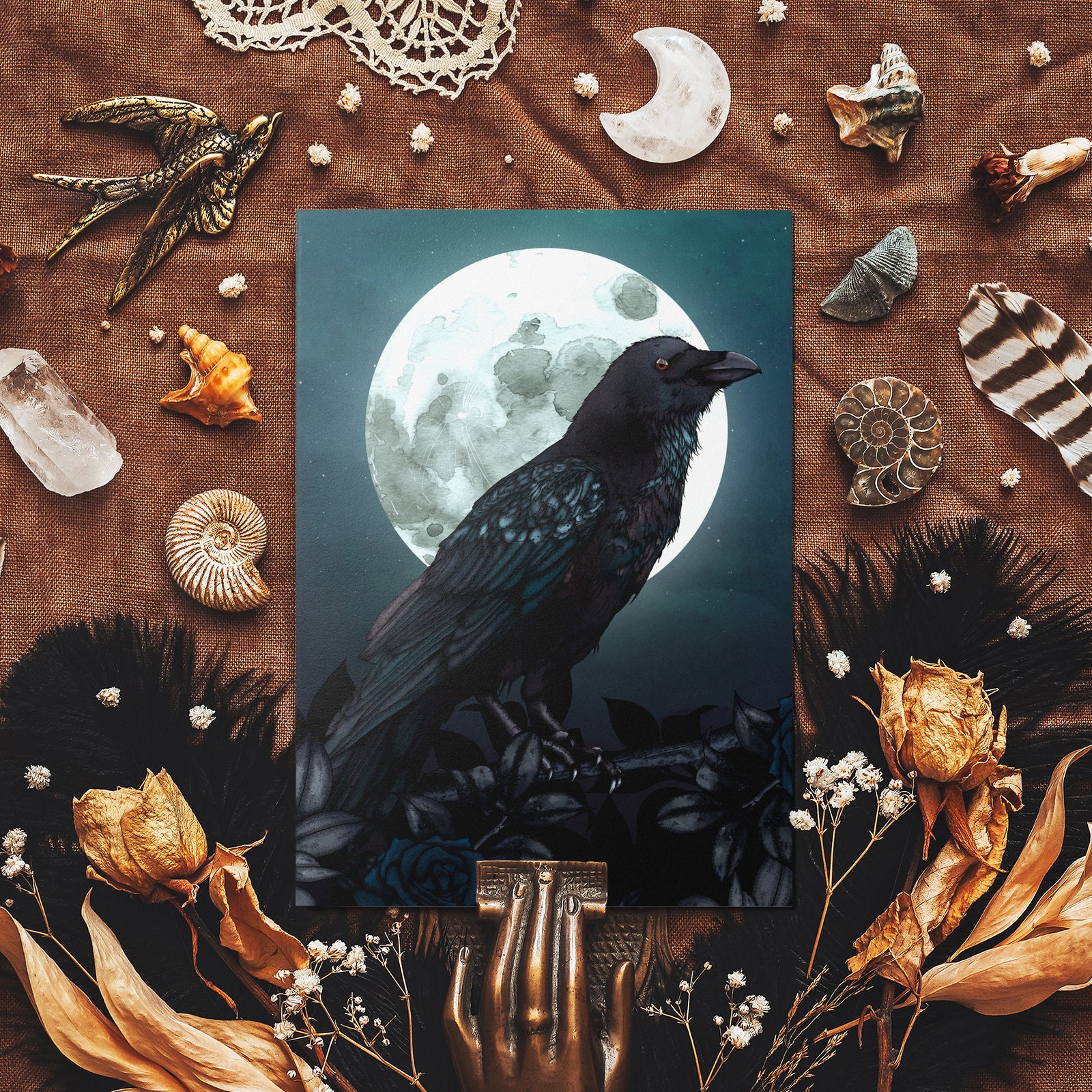 Raven and Full Moon - Glossy FIne Art Postcard