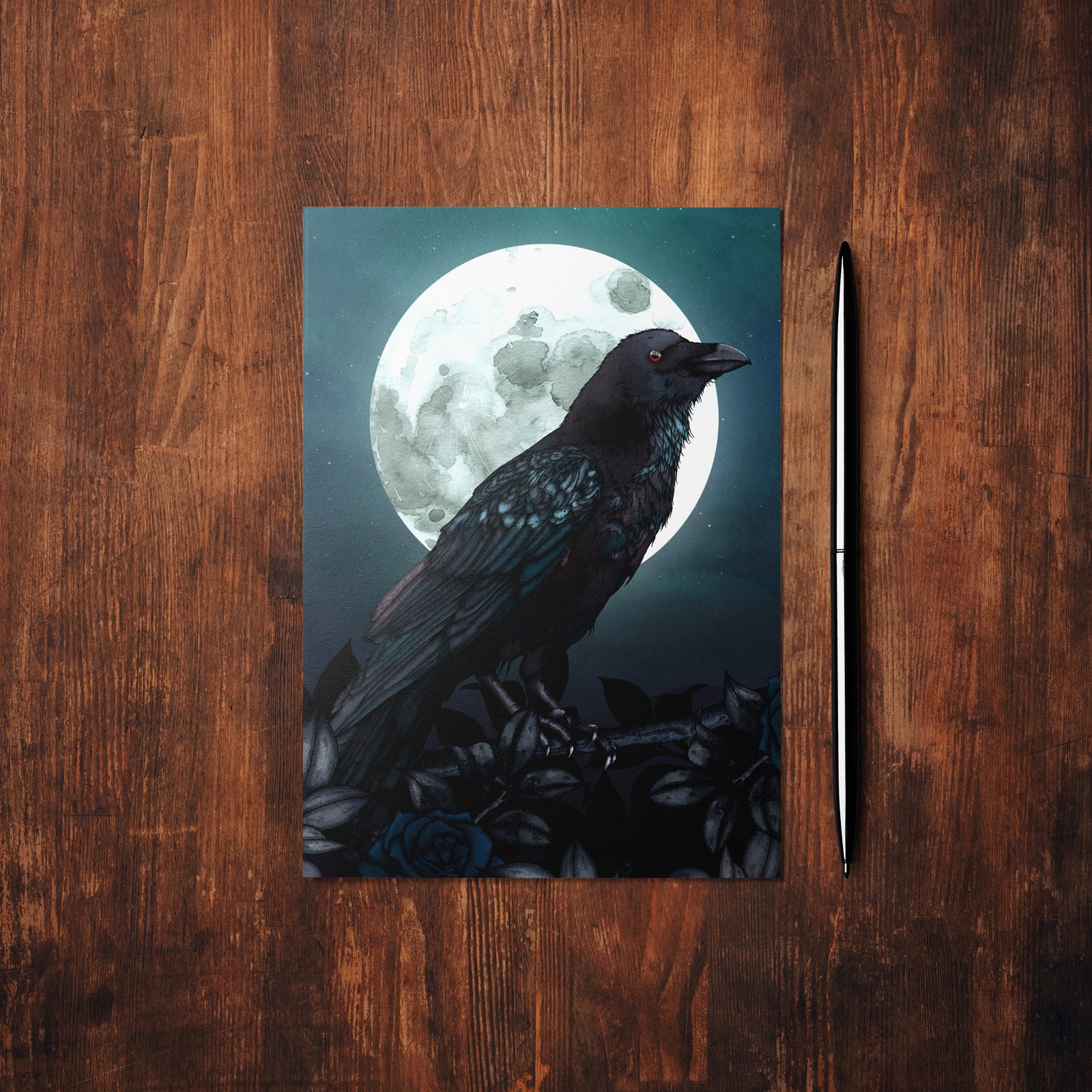 Raven and Full Moon - Glossy FIne Art Postcard