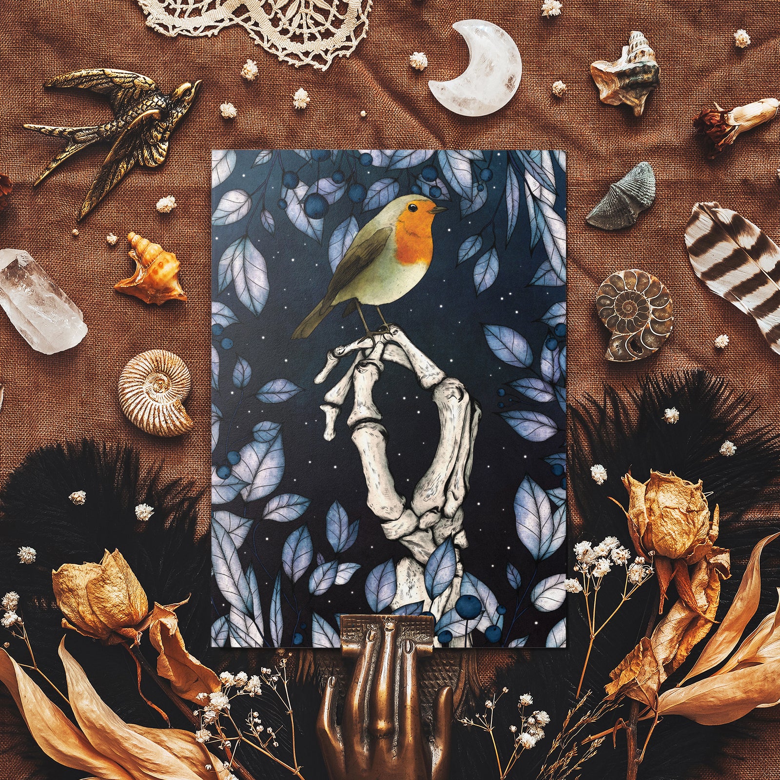 Skeleton and Robin - Glossy Fine Art Postcard