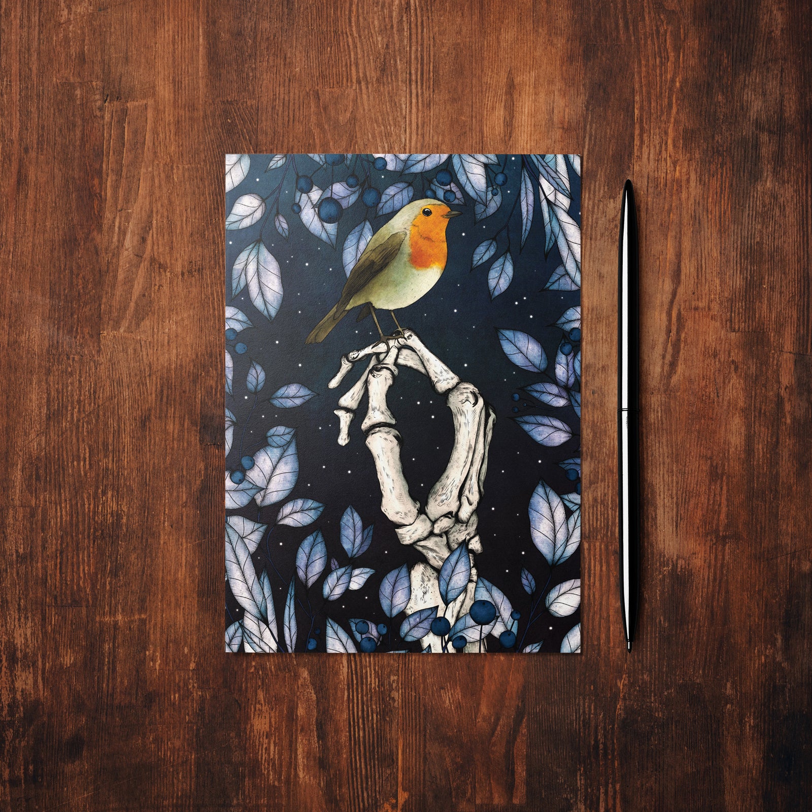 Skeleton and Robin - Glossy Fine Art Postcard