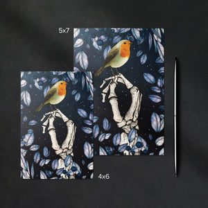 Skeleton and Robin - Glossy Fine Art Postcard
