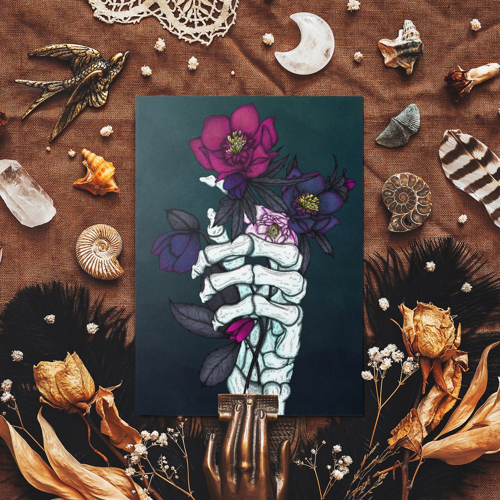 Skeleton and Hellebores - Glossy Fine Art Postcard