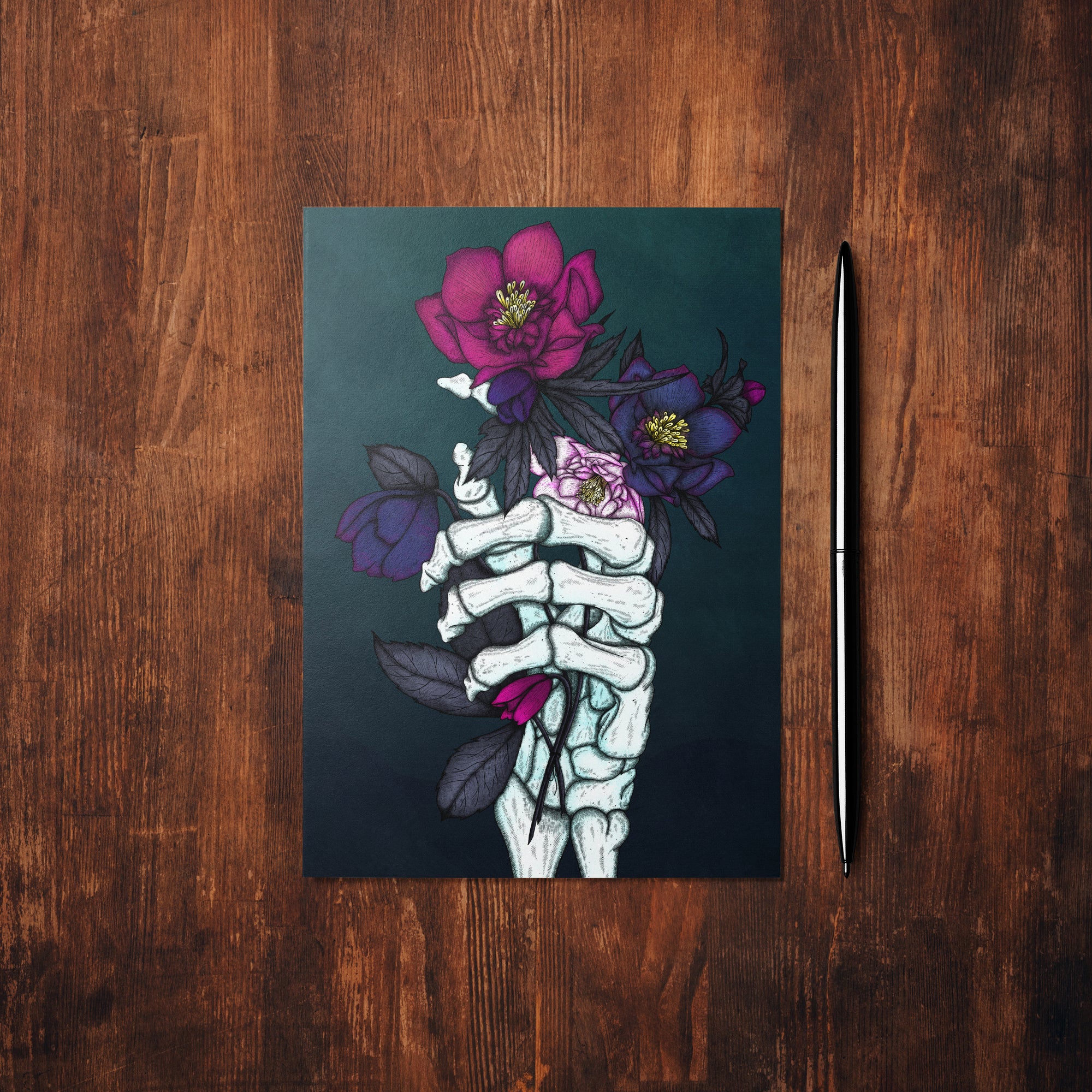 Skeleton and Hellebores - Glossy Fine Art Postcard
