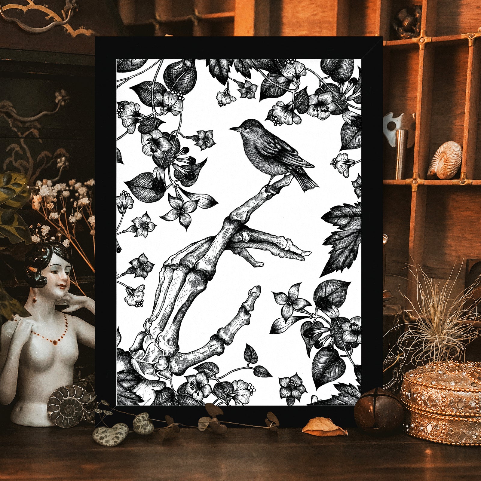 Skeleton and Sparrow - Framed Giclée Art Print