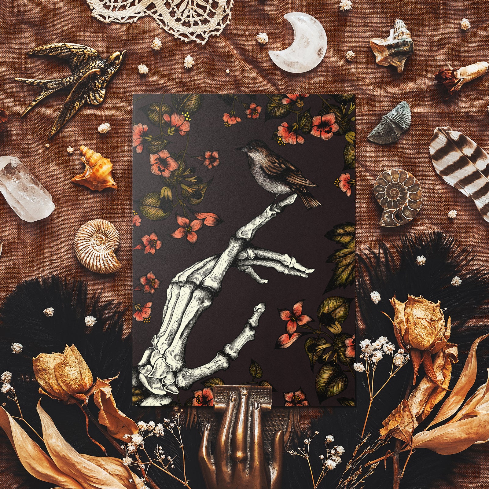 Skeleton and Sparrow - Glossy Fine Art Postcard