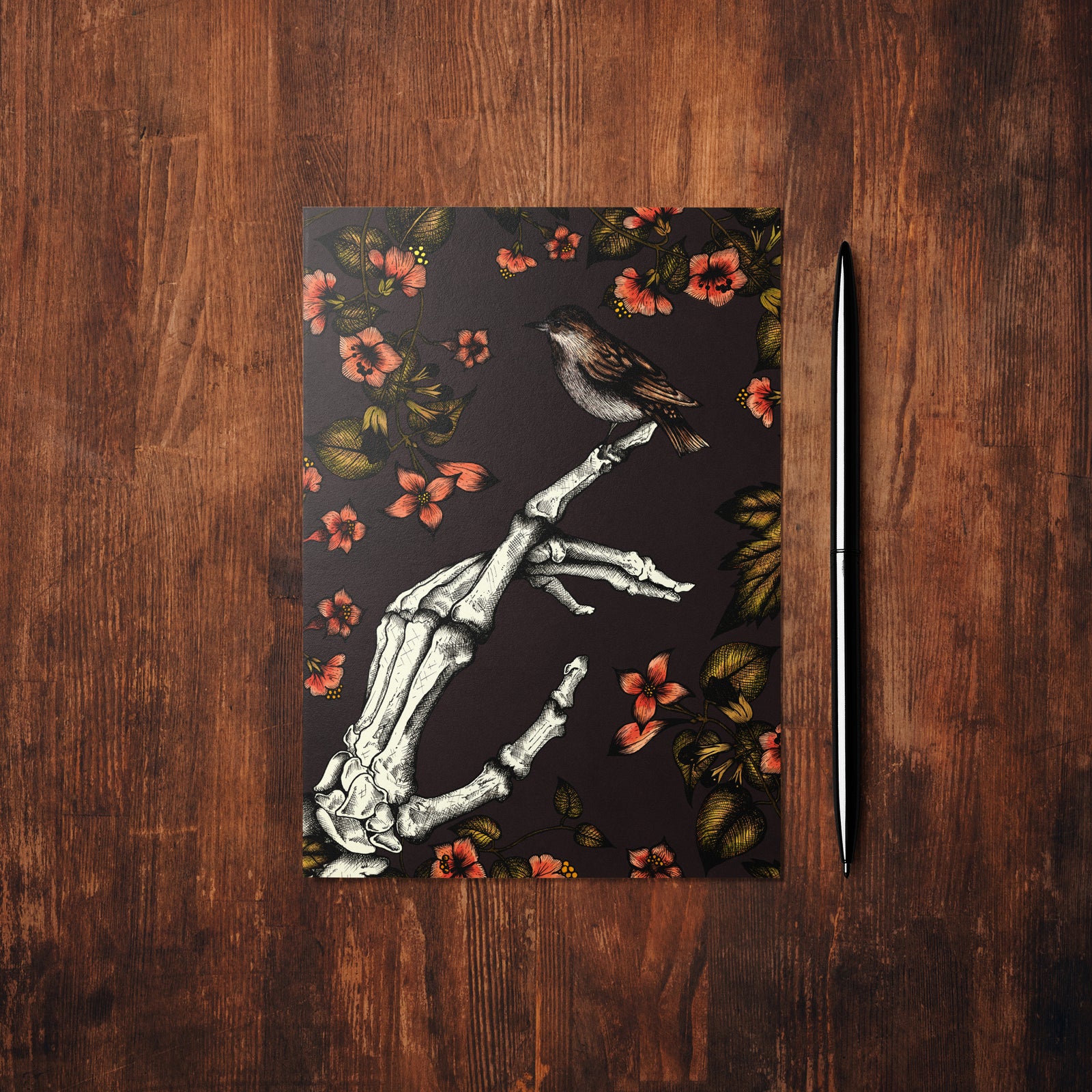 Skeleton and Sparrow - Glossy Fine Art Postcard