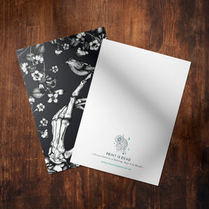 Skeleton and Sparrow - Glossy Fine Art Postcard