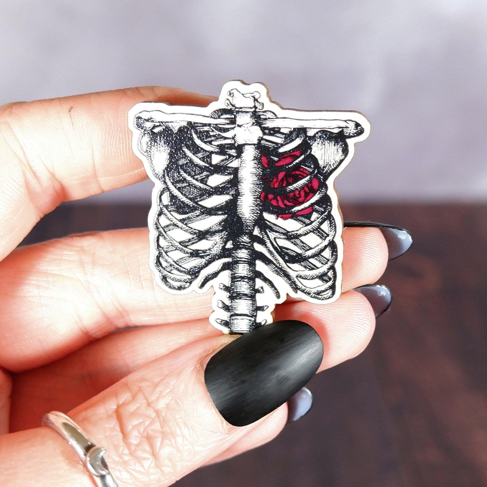 Ribcage and Rose - Wooden Pin Badge - Print is Dead