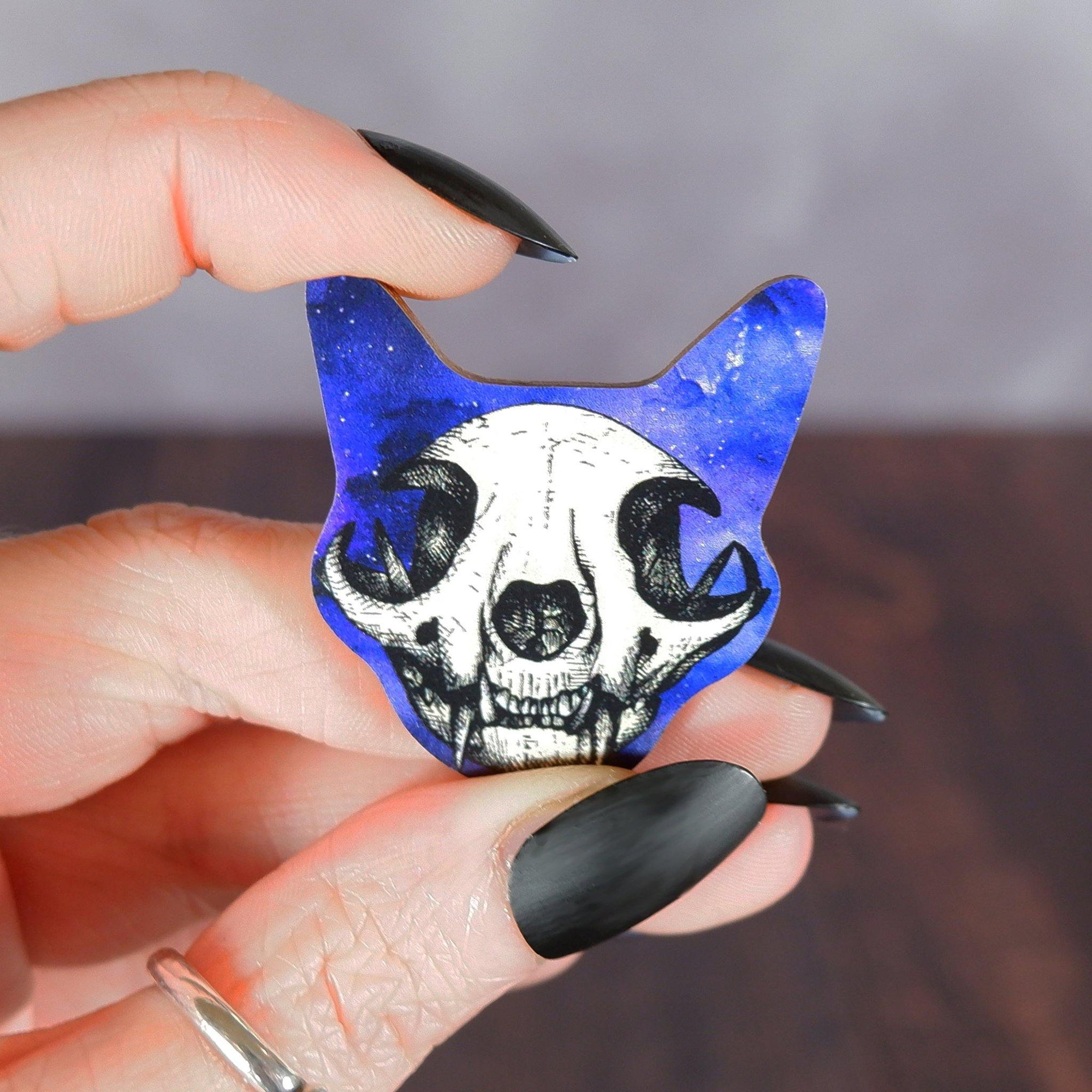 Galaxy Cat Skull - Wooden Pin Badge - Print is Dead