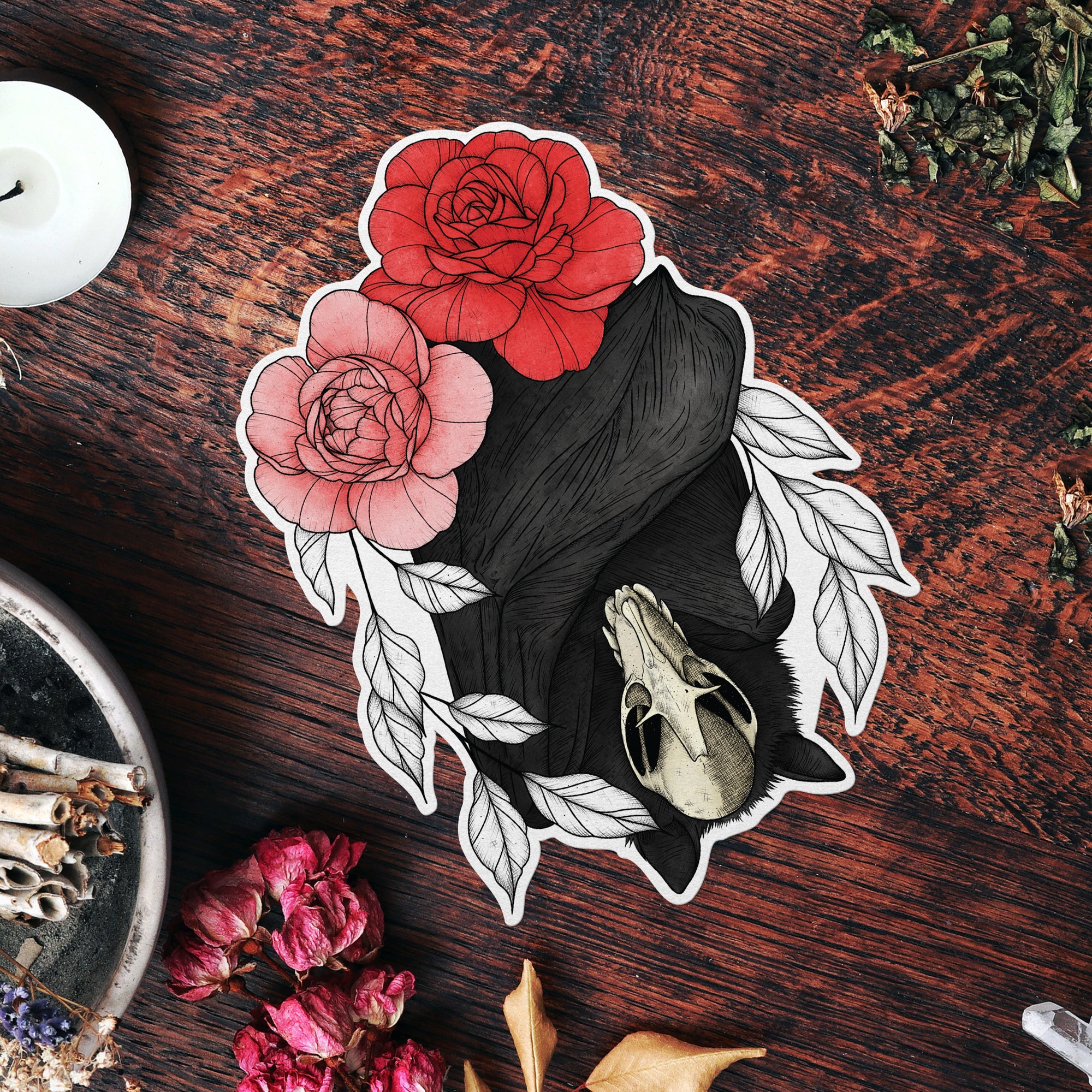 Bat and Peonies - Vinyl Sticker