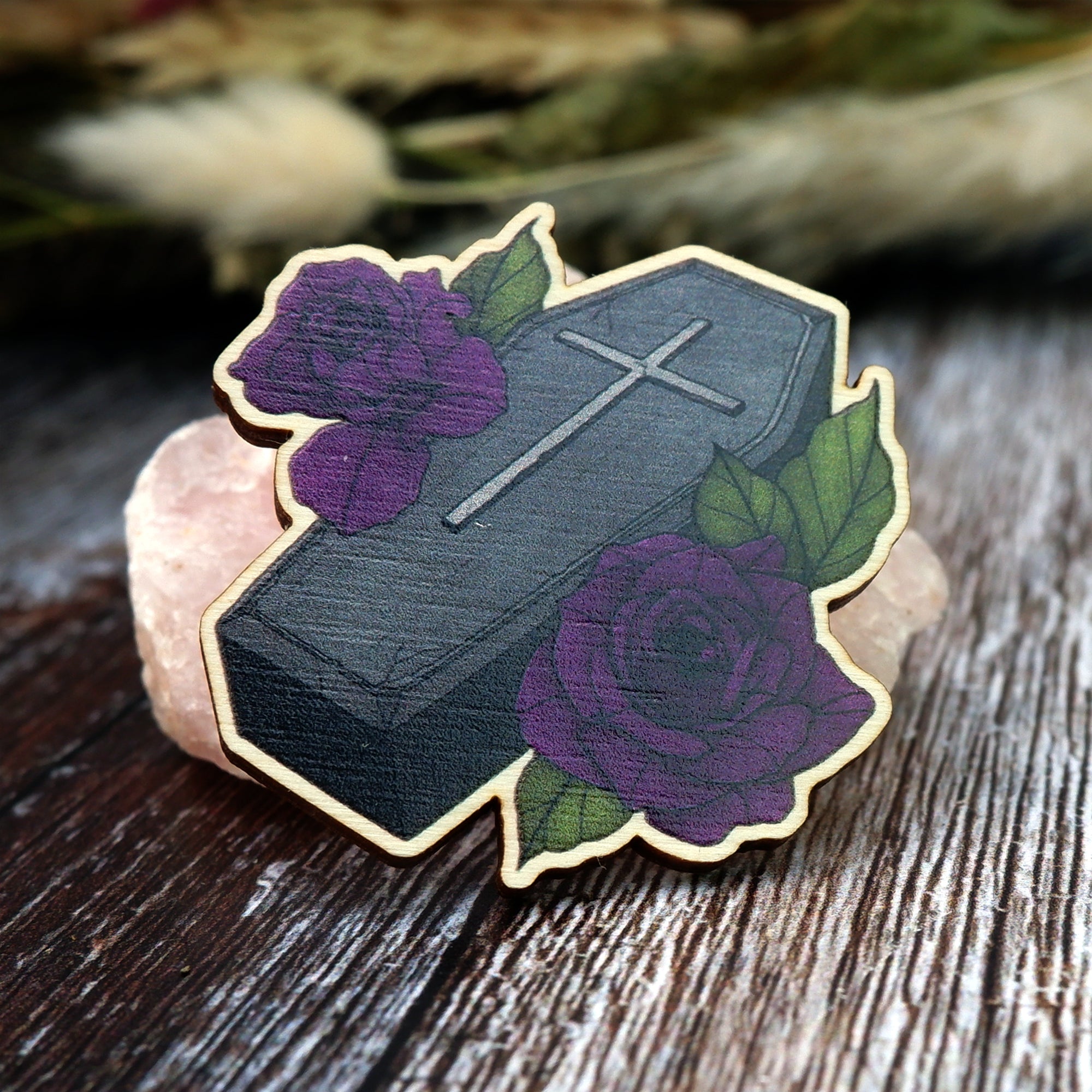 Coffin and Roses - Wooden Pin Badge