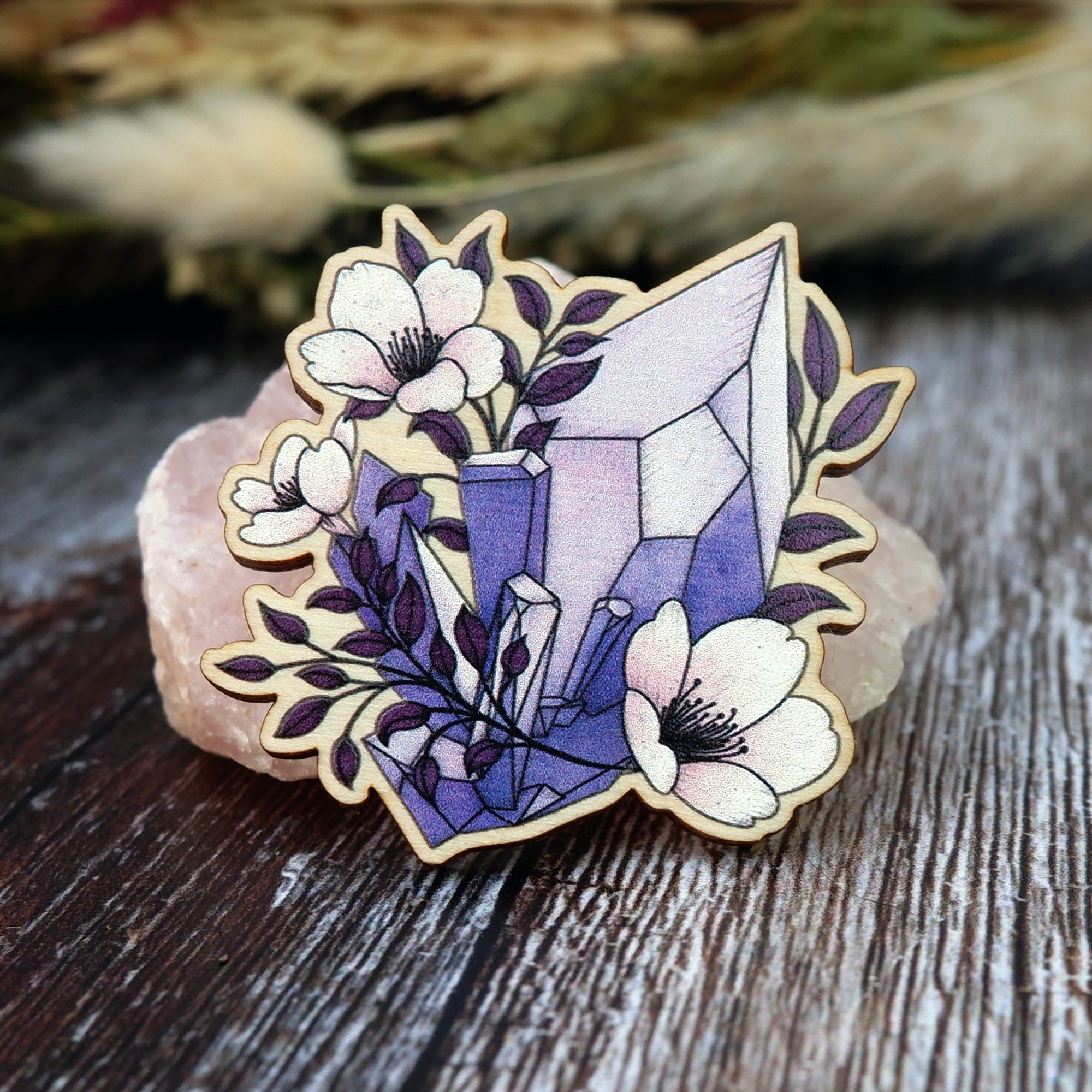 Purple Crystals - Wooden Pin Badge