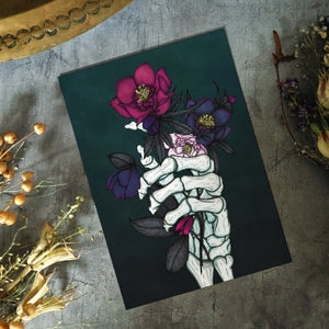 Skeleton Hand and Hellebores - Postcard Mini Print