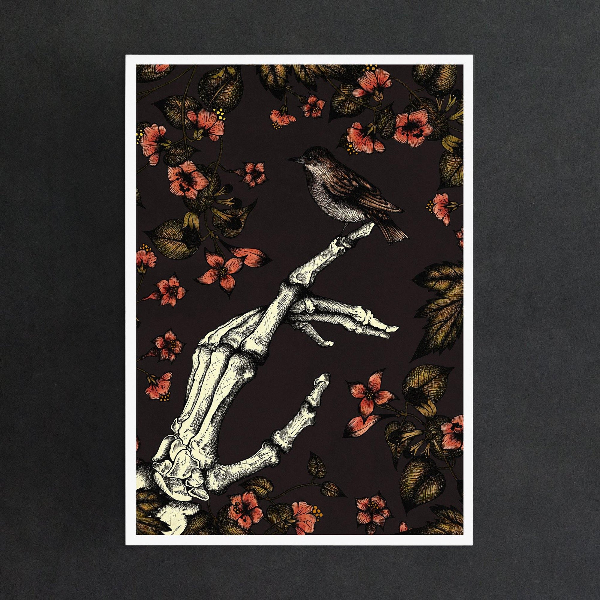 Skeleton Hand and Sparrow - Giclée Art Print - Print is Dead