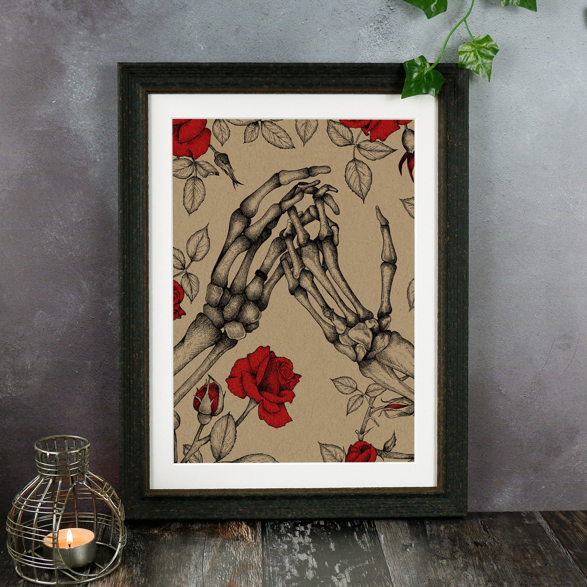 Skeleton Hands and Roses - Kraft Art Print